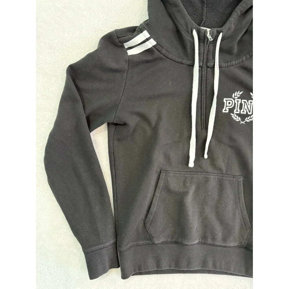 Victoria's Secret PINK Hoodie Womens M Black White Logo Sweatshirt Stripes - Picture 3 of 7